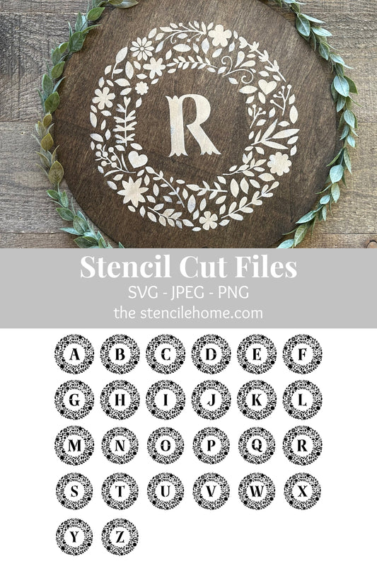 Flower Initial Wreath Stencil Cut Files SVG JPEG PNG