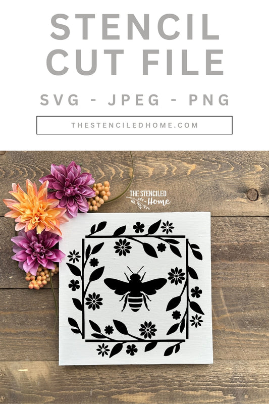 Bee Floral Square Frame Stencil Cut File SVG JPEG PNG