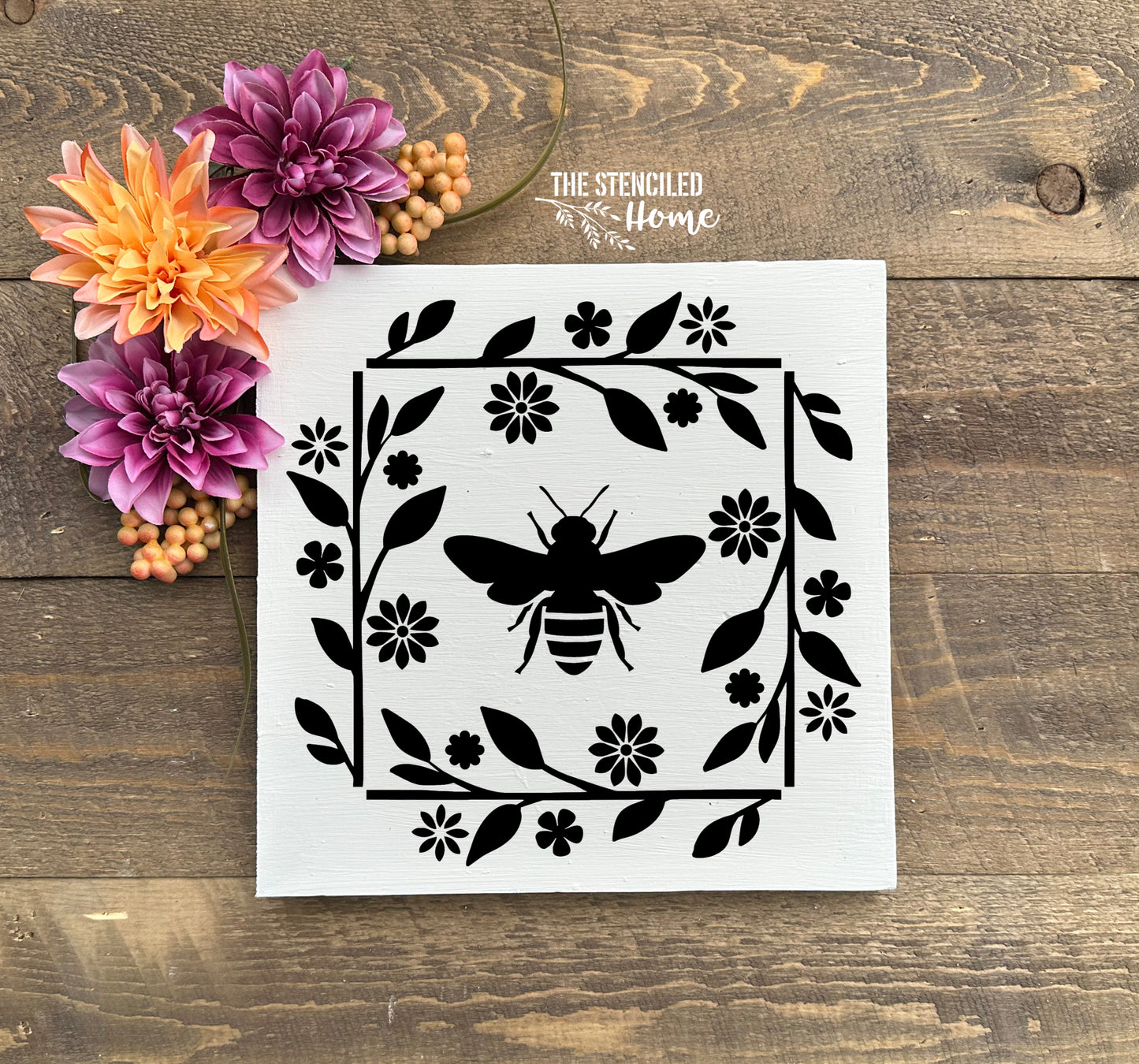 Bee Floral Square Frame Stencil Cut File SVG JPEG PNG