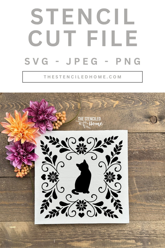 Cat Folk Art Frame Stencil Cut File SVG JPEG PNG