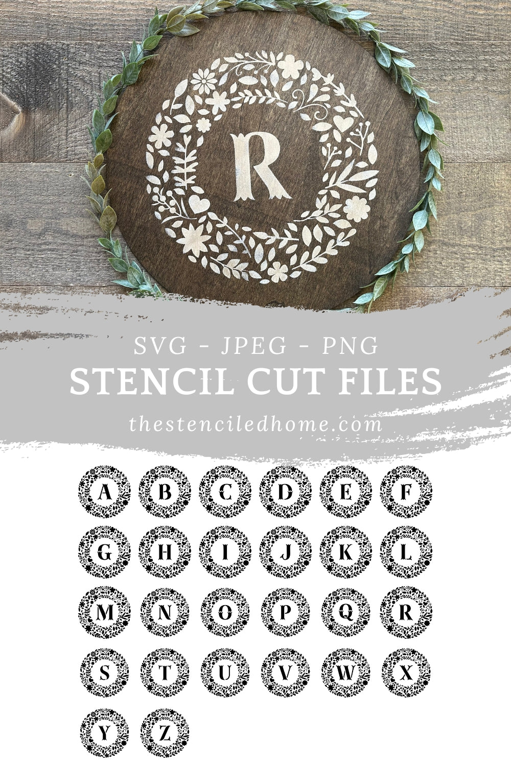 Flower Initial Wreath Stencil Cut Files SVG JPEG PNG
