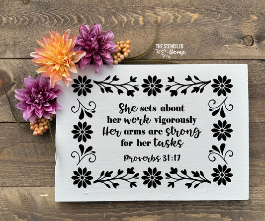 Rectangle Floral Frame Proverbs 31:17 Stencil Cut File SVG JPEG PNG