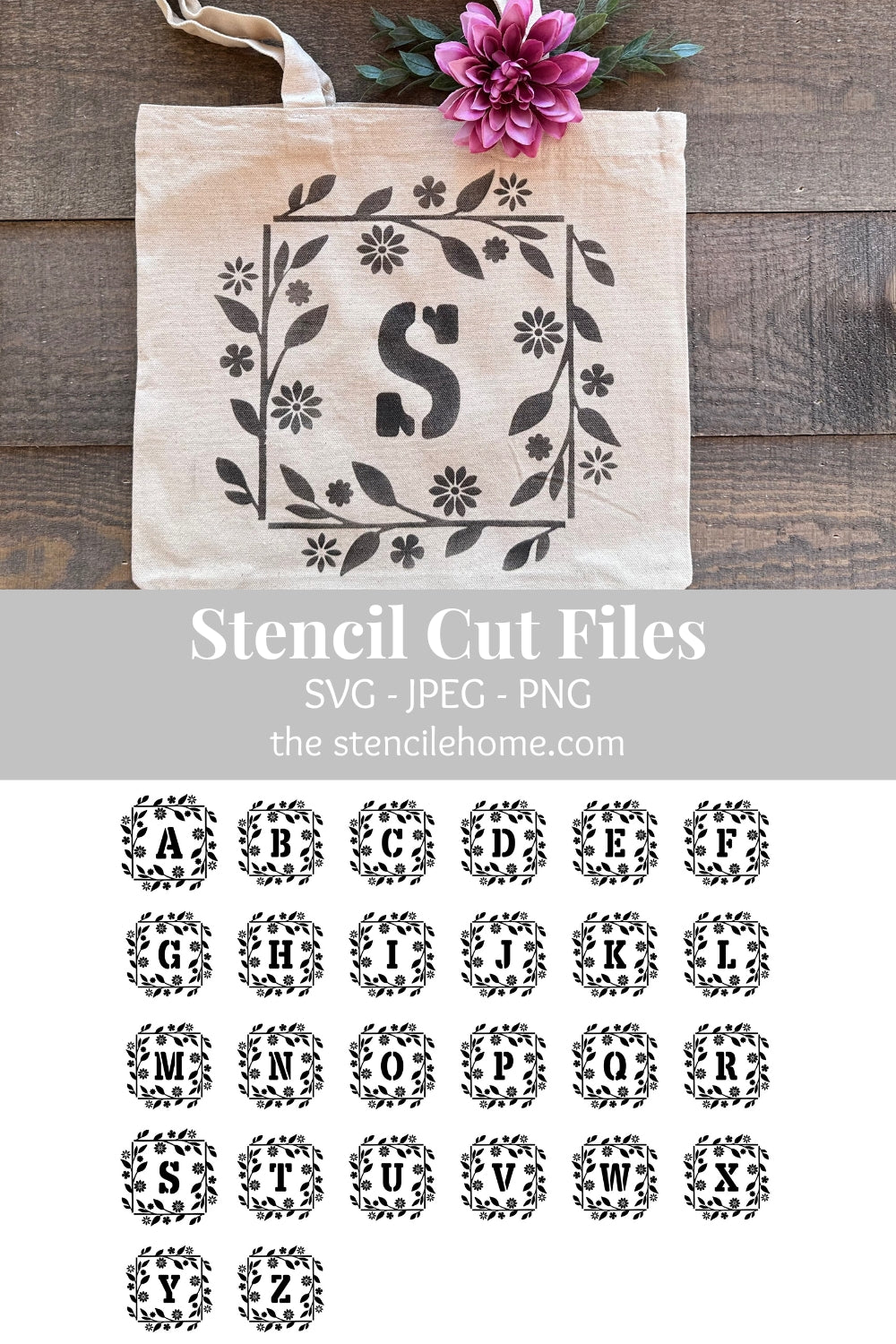 Square Floral Initial Frame Stencil Cut File SVG JPEG PNG